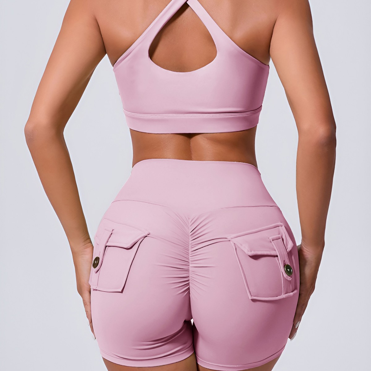 Cross-border Peach Hip Workwear Tight Shorts Women's High Waist Stretch Hip Lifting Button Yoga Pants Quick-drying Running Fitness Pants