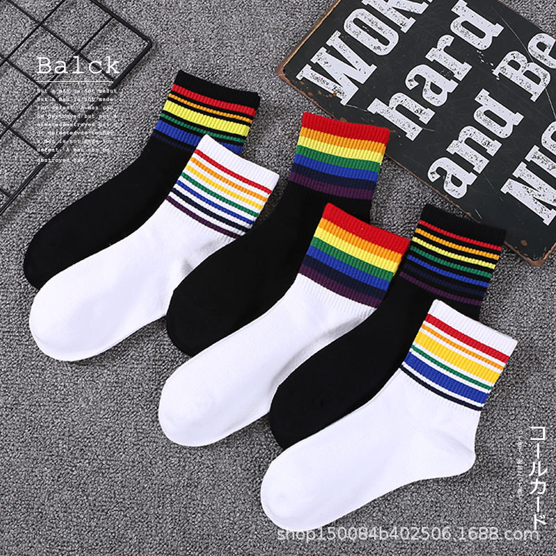 Rainbow Socks Women's Mid-barrel Autumn New All Cotton Korean Style College Fashion Socks Casual Cotton Socks Rainbow Strip Socks