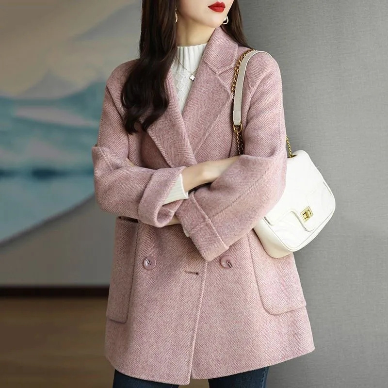2023 Autumn and Winter New Fashion Herringbone Pattern Loose Slimming Western Style Small All-match Woolen Mid-length Coat Women's Trendy