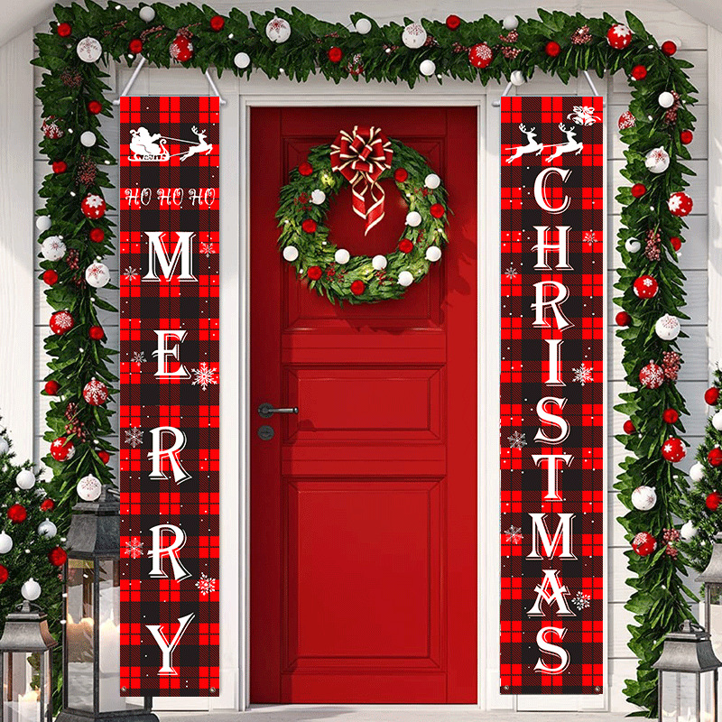 Amazon hot sale in stock Christmas couplet fabric red and black plaid couplet door curtain can be used as pictures
