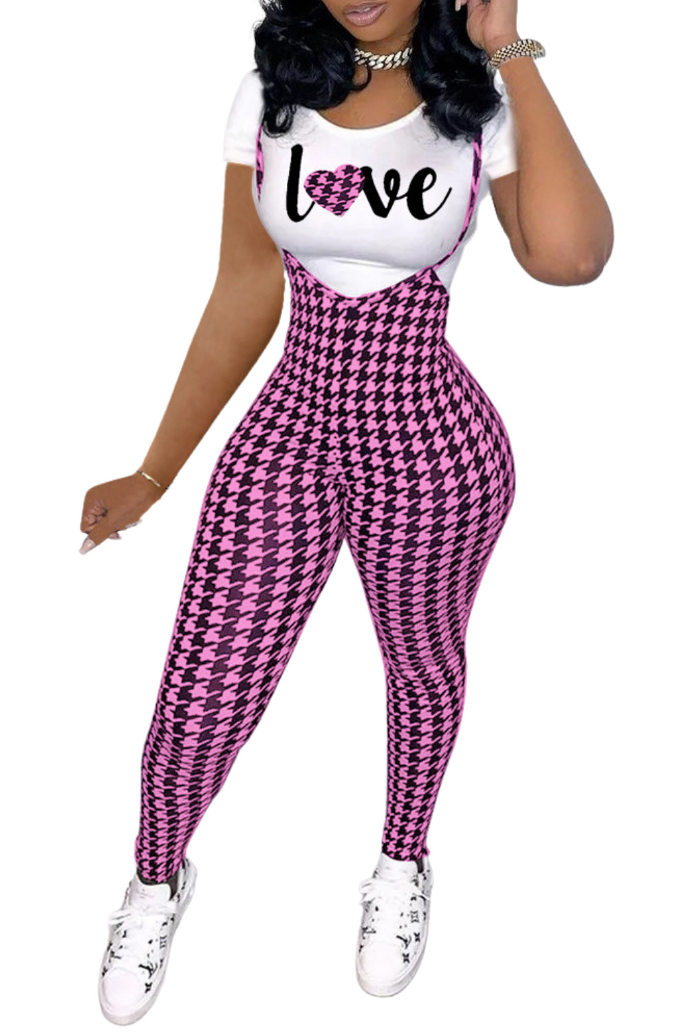 Picture of D9828 Amazon Hot Selling European and American Women's Fashion Pattern Printed Short Sleeve T-Shirt + Sling Jumpsuit Set