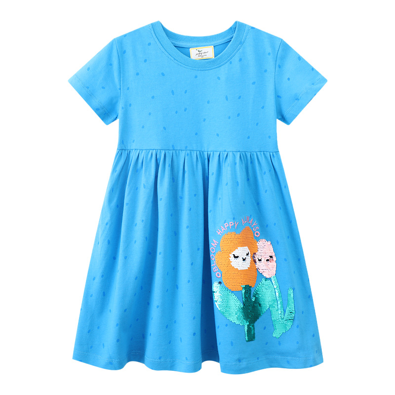 Cross-Border Supply Girls' Dresses European and American Style Cartoon Sequin Embroidery Princess Dress Summer New Children's Dress Wholesale