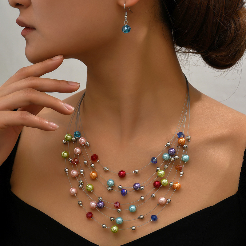 Picture of European and American Cross-border Hot Selling Bohemian Ethnic Style Handmade Beaded Crystal Pearl Multi-layer Necklace Earrings Set for Women