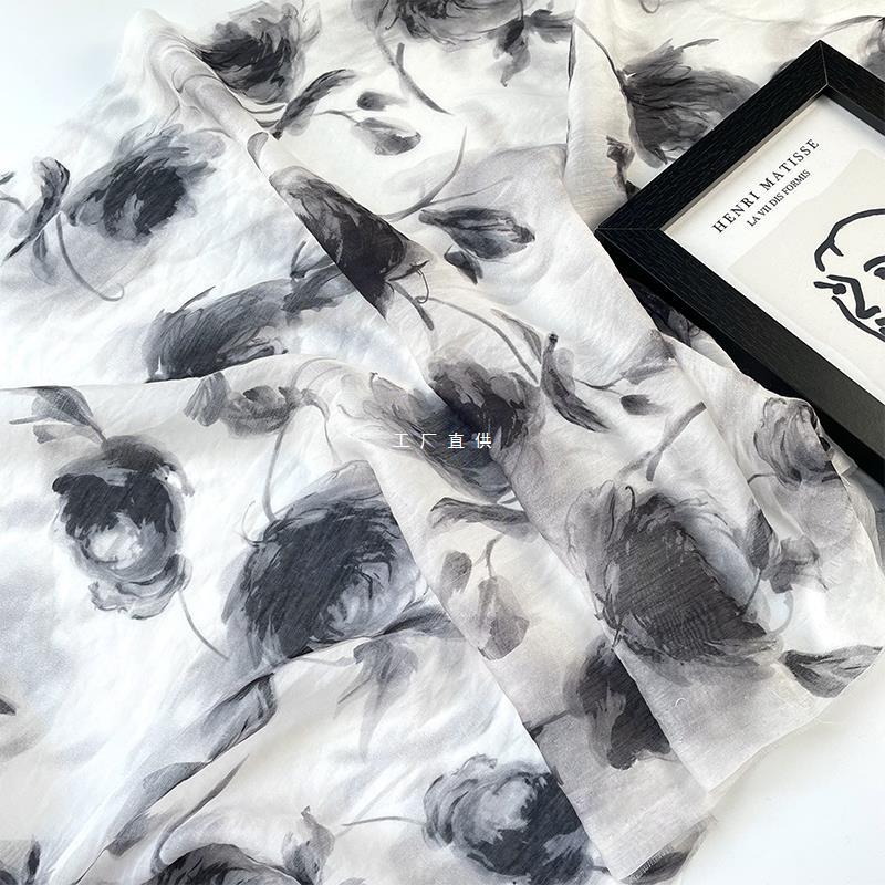 Printed and dyed white background black flower smudged printed silk Tencel linen fabric shirt dress fabric