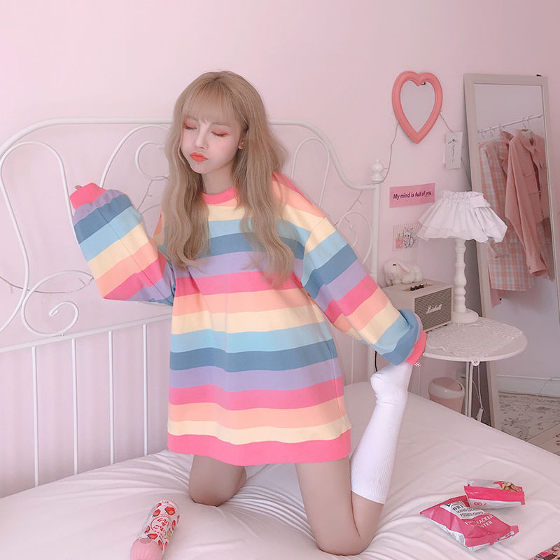 Rainbow Striped Long-sleeved T-shirt Women's Base Shirt Spring and Autumn New Korean Style Japanese Student Round Neck Comfortable Casual Sweater