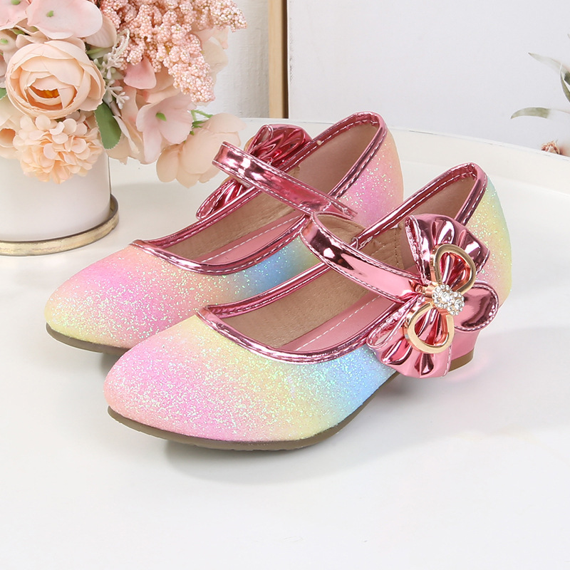 Cross-Border Amazon Girls' High-Heeled Shoes, Children's Leather Shoes, Princess Flats, Sequined Student Dance Shoes, Little Princess