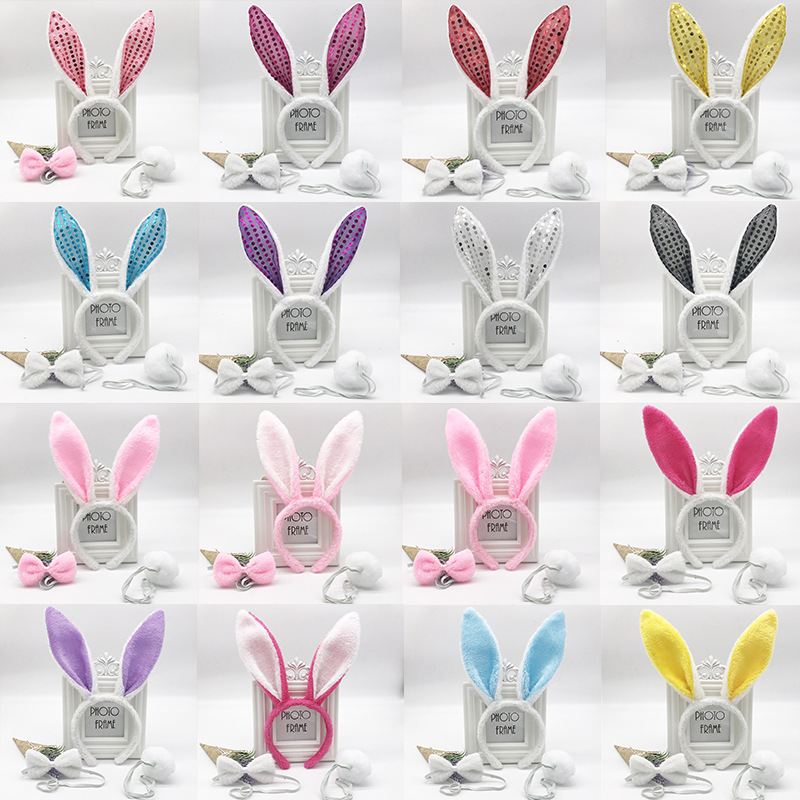 Cross-border Easter Plush Sequin Rabbit Headband Three-piece Set Ears Headband Bow Ties Children's Festival Performance Road