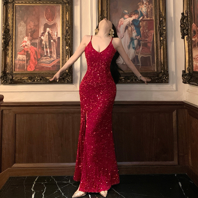 Picture of 2025 Christmas Evening Dress Red Sequins dress Sexy Split Annual Meeting Dress Adult Ceremony Dress Fishtail