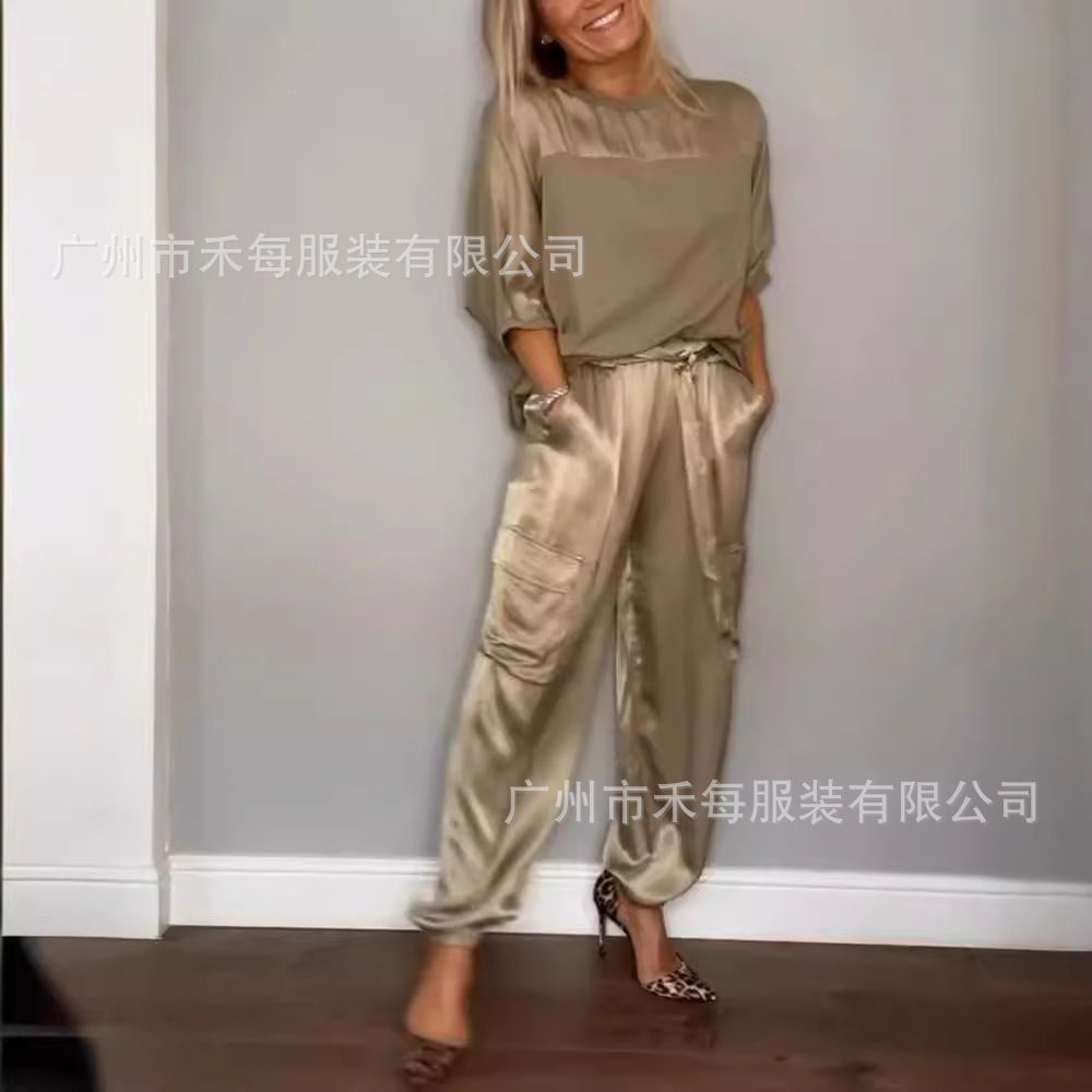 2024 Amazon independent station European and American cross-border Fashion Women's smooth satin half sleeve top pants suit two-piece set