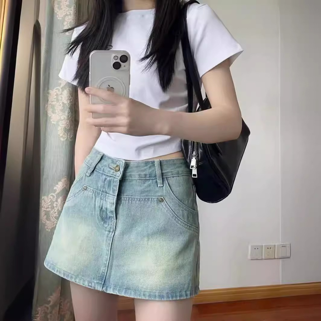 Denim Skirt Women's Summer 2024 New Design Sense Niche Spice Girl Culottes High Waist A- Line Hip Skirt