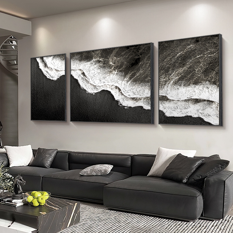 Black Beach Triple Living Room Decorative Painting Light Luxury Atmospheric Sofa Background Wall Hanging Painting Sea View Picture Minimalist Advanced Sense
