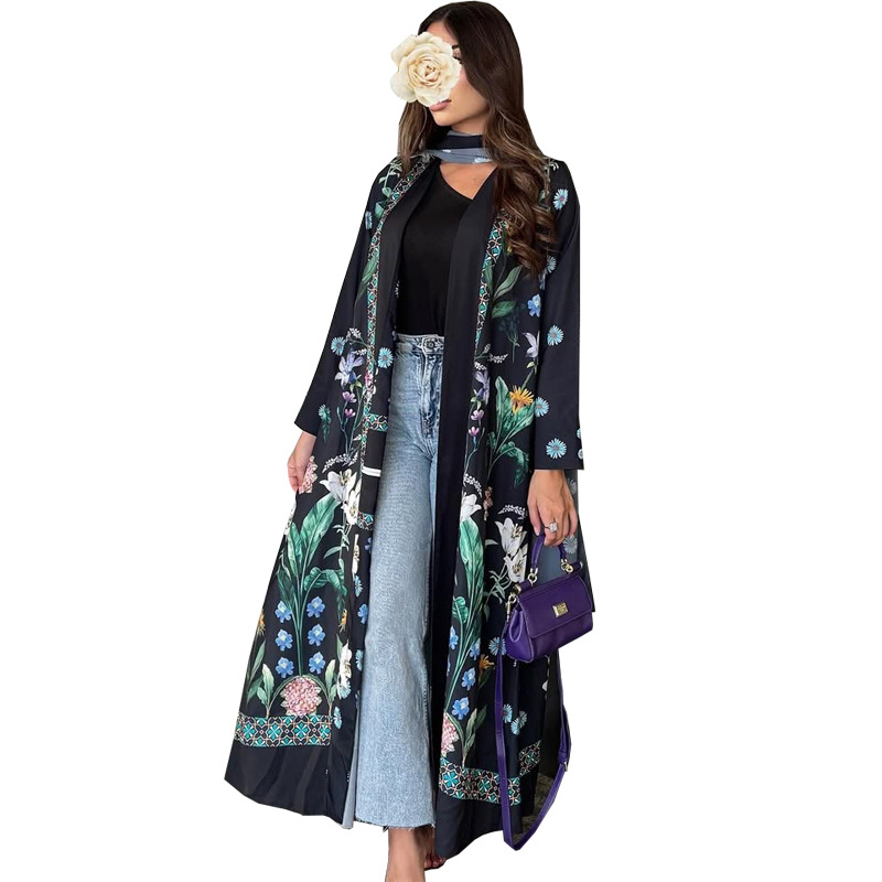 Picture of MQ236 Middle Eastern Robes Muslim Women's Fashion Print with Turban Casual Cardigan Abaya Large Swing Coat