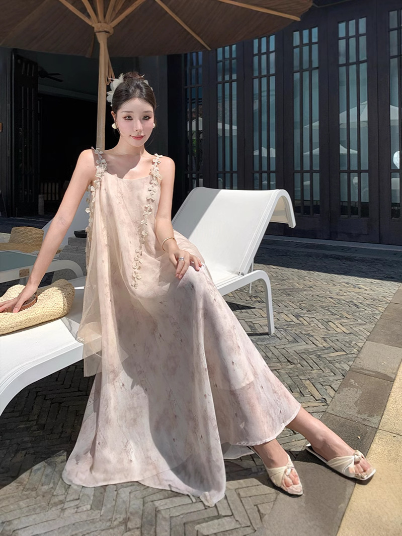 2025 Cross-border Real Shot New Chinese Style High-end Temperament dress Summer New Niche Ink Butterfly Sling Long