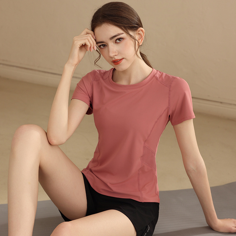 Stitching Mesh Yoga Clothing Women's Summer Sports Short-sleeved Running Quick-drying Professional Training Pilates Fitness Top Women