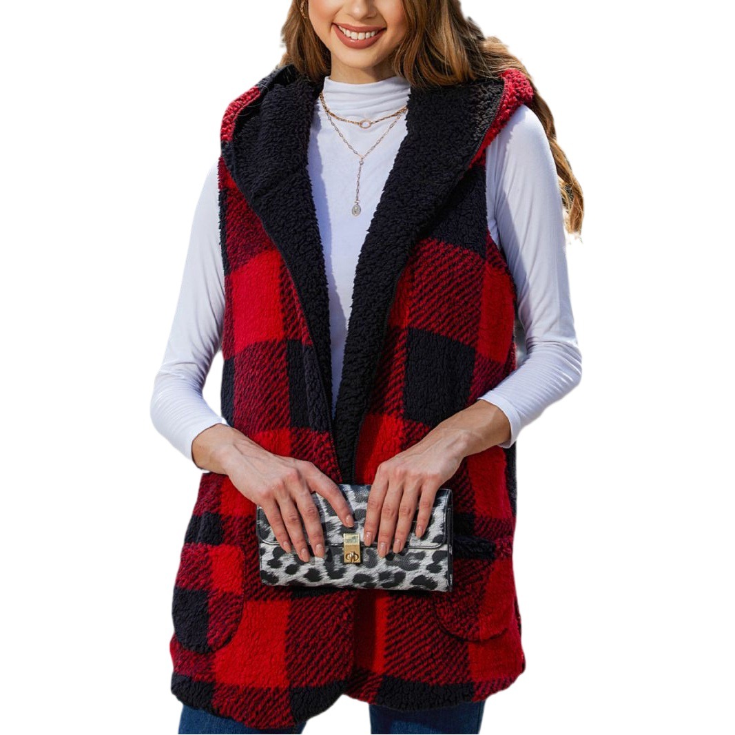 Flash Velvet Cross-border European and American Autumn Women's Loose Fashion Hooded Buckle Cardigan Plaid Plush Vest Coat Women