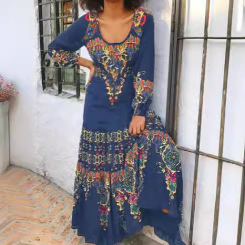 2022 Amazon AliExpress Spring and Summer Printed Round Neck Long Stitching Long Sleeve dress