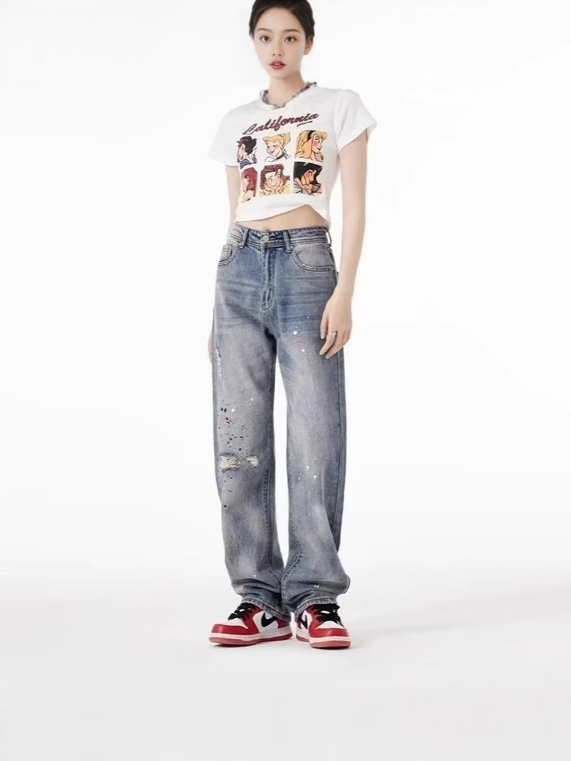 Narrow Pouch Ink Ripped Jeans Women's Spring and Autumn New Design Sense High Waist Loose Wide Leg Slimming Straight Trendy Pants