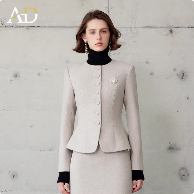 Picture of Autumn and Winter Fashion New Retro Oatmeal Color Round Neck Professional Women's Dress suit Elegant Female President Manager Formalwear