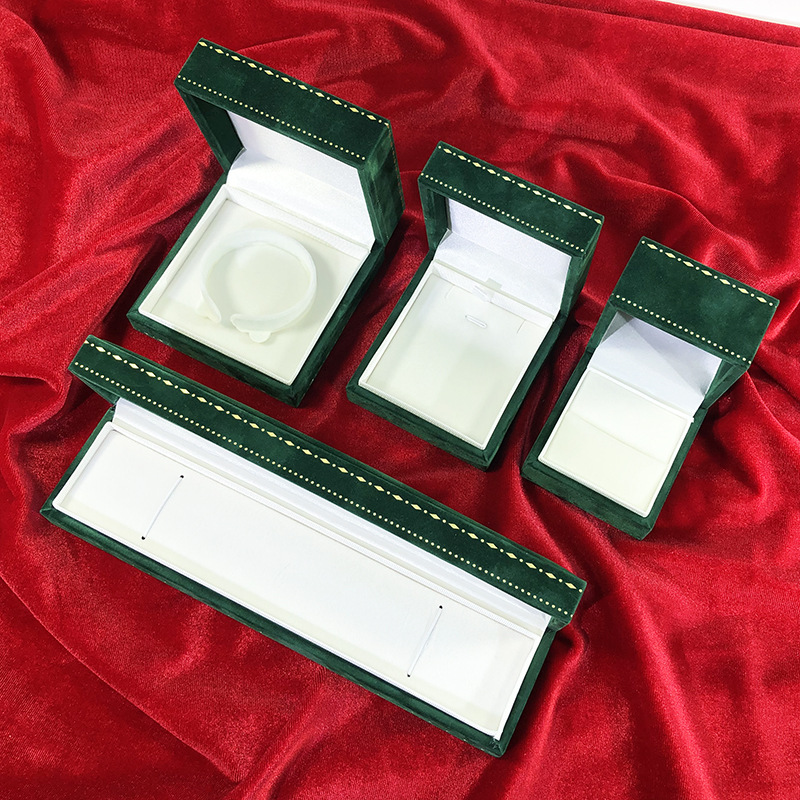 Right-angle Convex Velvet Printed Edge Jewelry Box Dark Green Fashion Jewelry Packaging Box Ring Box Necklace Box Wholesale