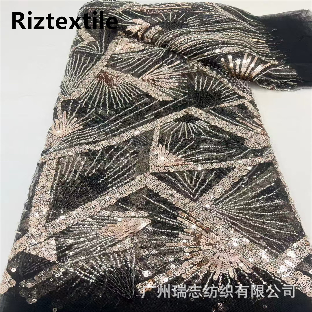 New black gold high-grade beaded tube embroidery laser sequins three-dimensional embroidery lace wedding evening dress fabric beaded