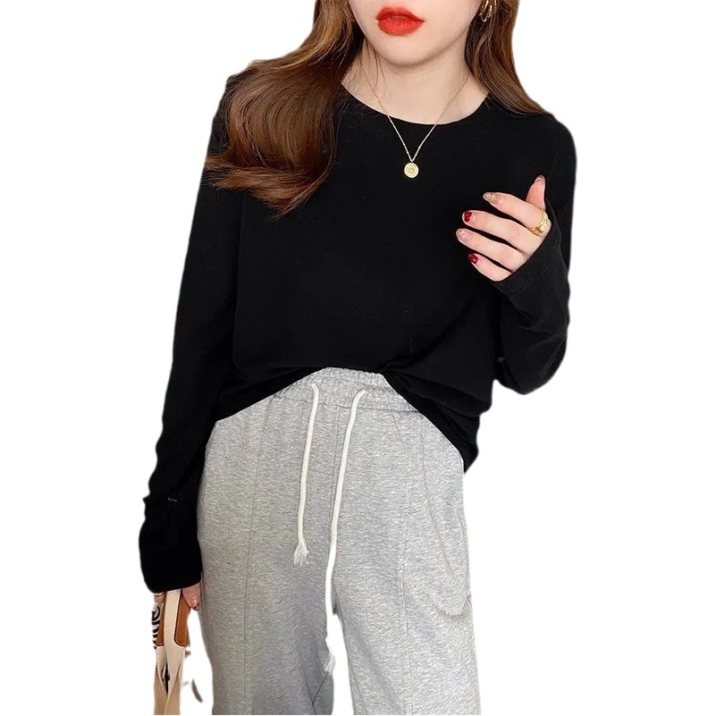 Double-sided Velvet Autumn and Winter New Long-sleeved T-shirt Women's Loose Inner Base Shirt Round Neck Sanding White Solid Color Top