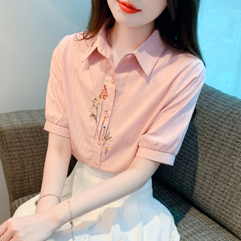 2025 Summer New Women's Fashion Thin Cotton Shirt Women's Fashionable Cotton Embroidered Puff Sleeve Top Short Sleeve
