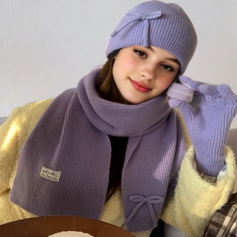 Picture of 25 Years New Korean Woolen Hat Pure Color Scarf Gloves Hat Winter Warm and Cold-Proof Knitted Three-Piece Suit