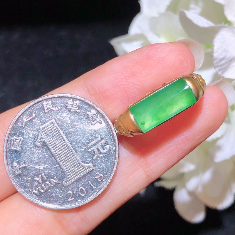 18k Gold Inlaid Natural Burmese Jade A Goods Unisex Yang Green Gourd Ring Jewelry