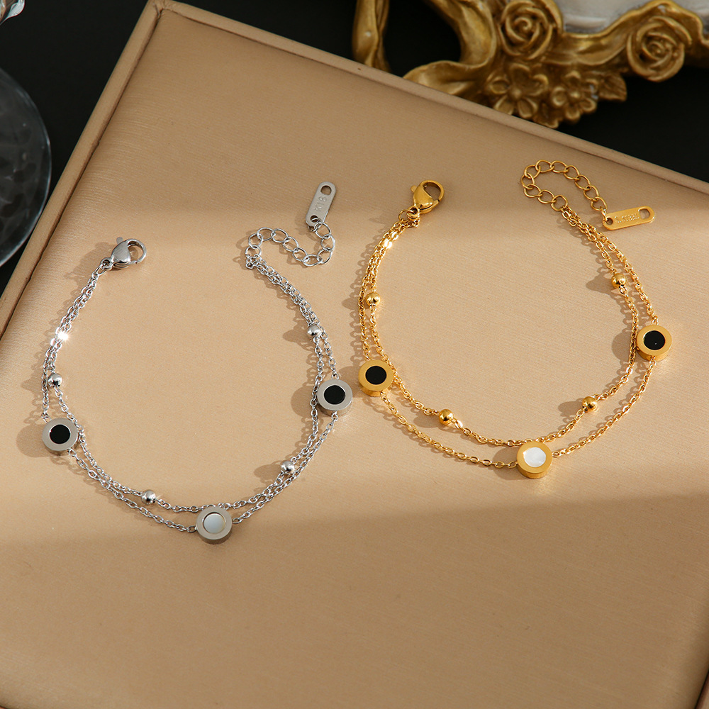 Cross-border Hot Selling Ins Simple Niche Personalized Black and White Fritillaria Roman Numerals Titanium Steel Bracelet Double-layer Stacked Wear Bracelet