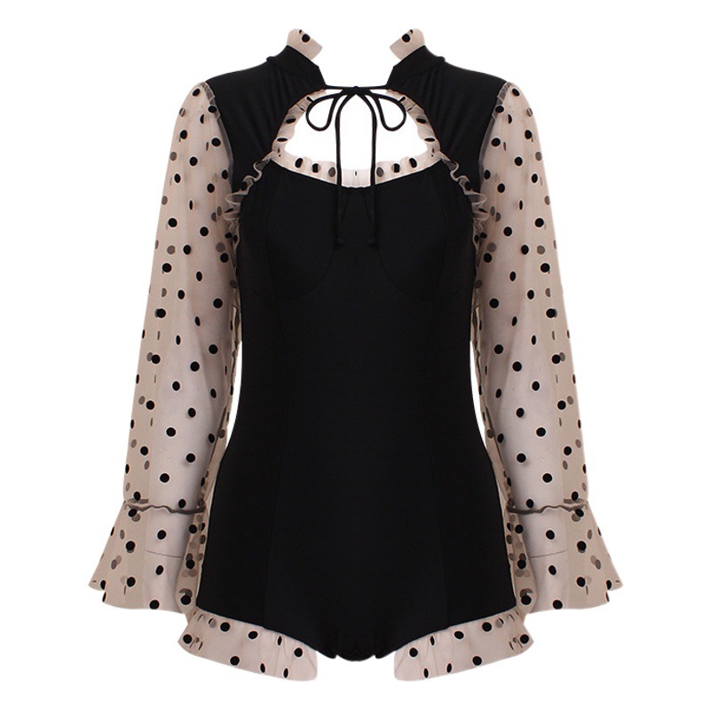ins Internet Celebrity Korean Style Sexy Lace Long-Sleeved Small Chest Sexy Slim Belly Covering One-Piece Hot Spring Swimsuit for Vacation