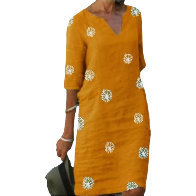 2021 Amazon European and American Style Retro Cotton and Linen Print Stitching Small V Neck Long-Sleeved Dress Elegant