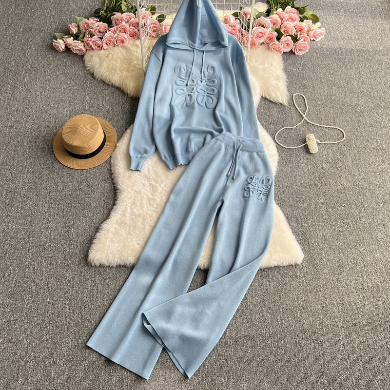 Fashion suit Women's Korean-style Loose Knitted Hooded Sweater Two-piece Casual High Waist Slimming Straight Wide-leg Pants