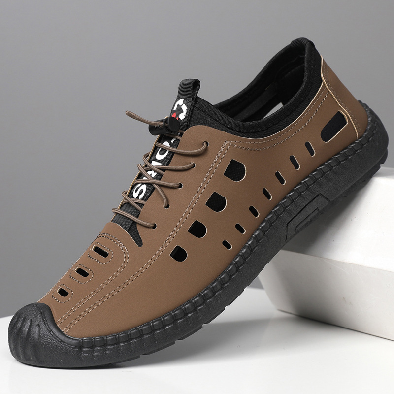 Sandals Men's Summer Hollow-out Hole Shoes Soft-soled Breathable Leather Sandals All-match Casual Slip-on Round-toe Men's Leather Shoes