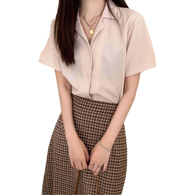 Women's shirt cross-border Southeast Asia simple lapel short-sleeved shirt Women's INS Korean-style casual top shirt loose