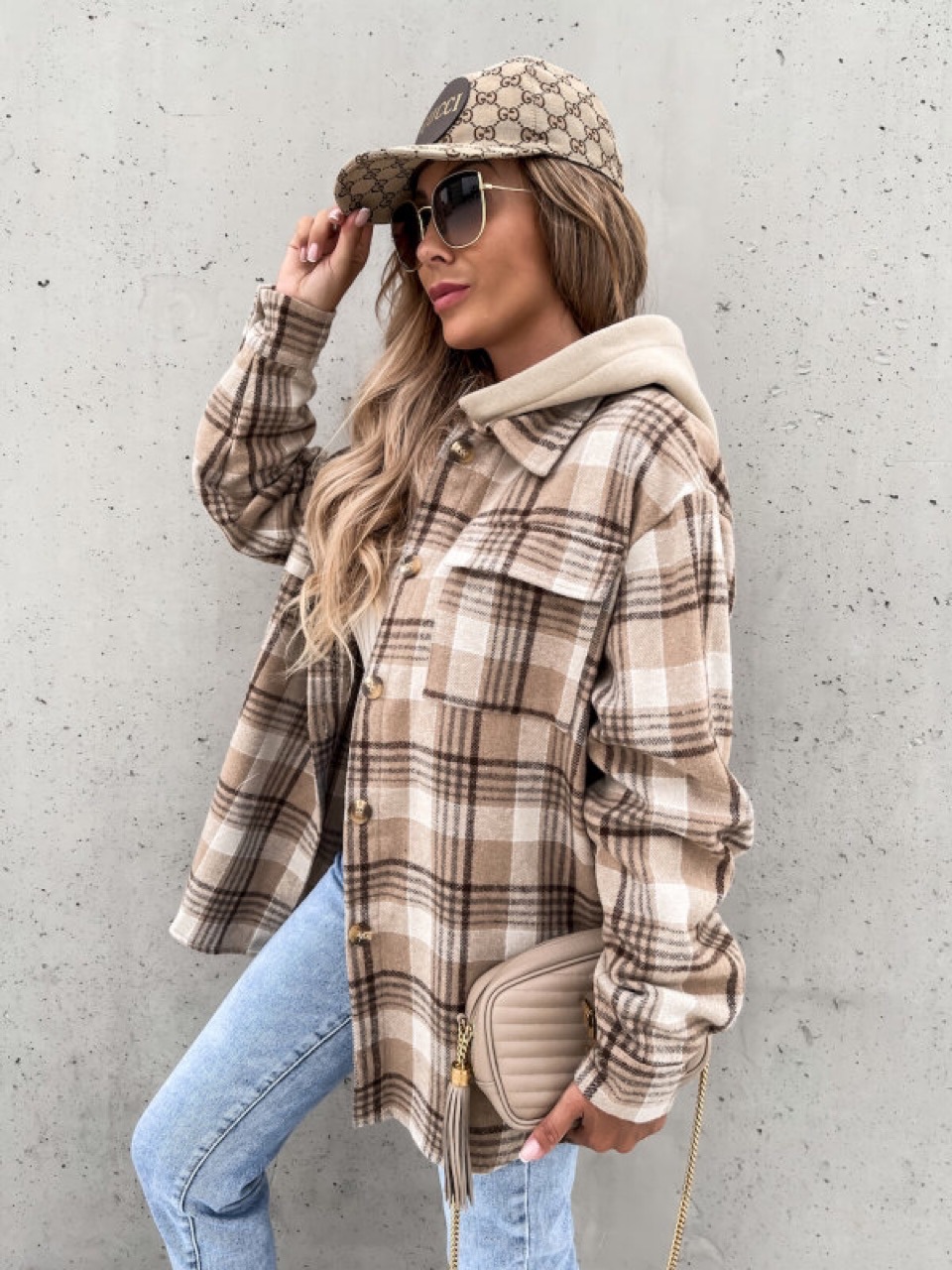 Picture of Ins Hot Autumn European and American Laps Loosen Women's Hooded (Removable) Plaid Woolen Jacket