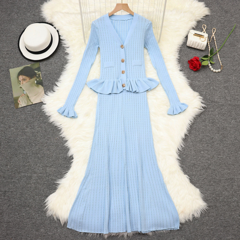 Autumn and Winter Cross-Border European and American Style Ladylike Elegant Slim V Neck Ruffled Long-Sleeved Mid-Length Knitted Fishtail Jumpsuit
