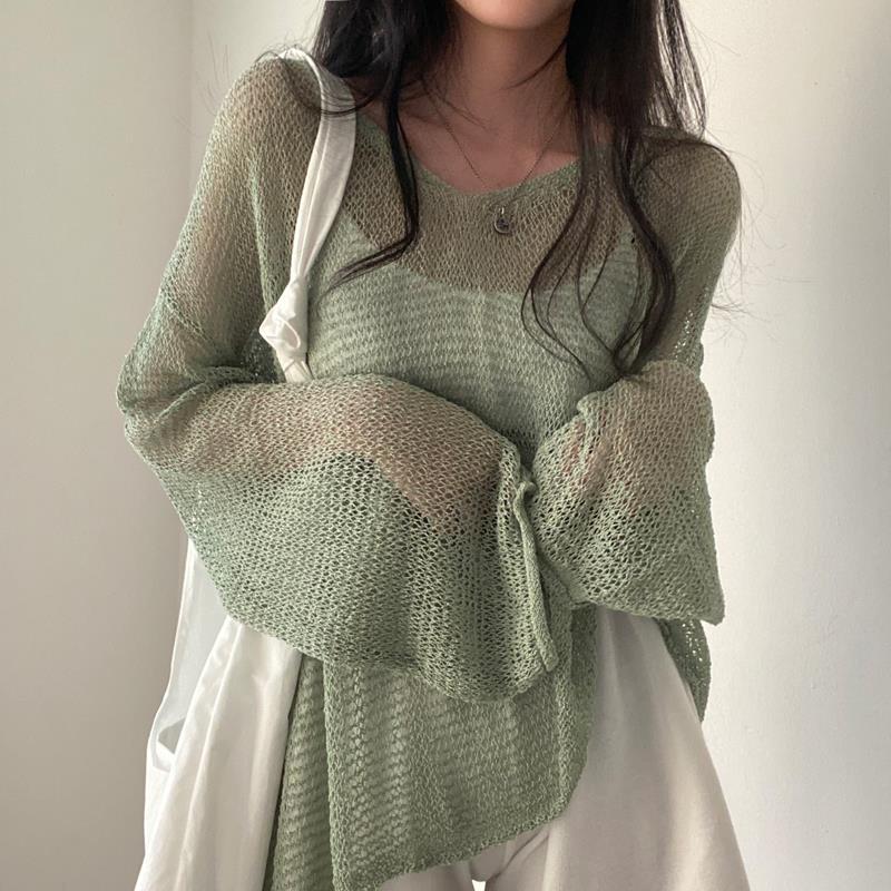 Picture of Korean Chic Summer French Retro Lazy Style Loose Long-Sleeved Cut Out Thin Knitted Sun Protection Blouse Top for Women