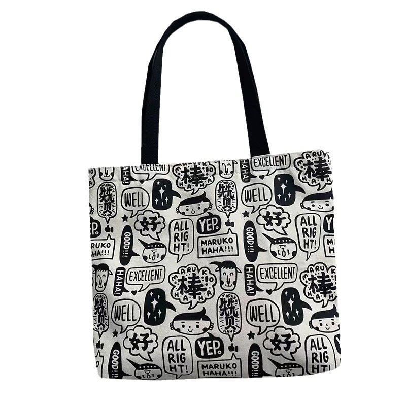 Picture of Cartoon Illustration Ins Canvas Bag Large Capacity Japanese and Korean Niche Canvas Bag Fresh Style Women's Shoulder Portable Casual Bag