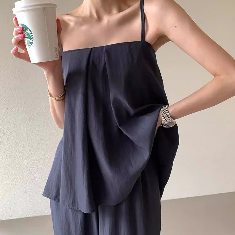 Korean Chic Summer Retro Elegant Square Neck Pleated Versatile Camisole + High Waist Wide Leg Pants Suit