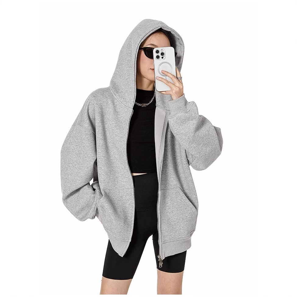 Heavy Weight 400g Double Zipper Gray Sweatshirt Cardigan Women's Hooded Outwear Pure Color Versatile Casual Slim Outwear for Women