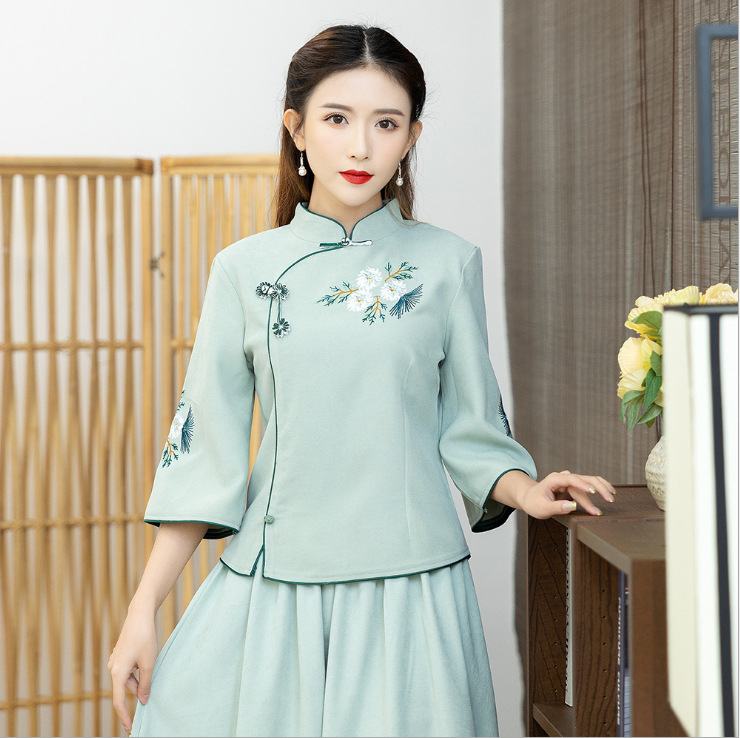 Picture of Strict Selection of Retro National Style Daily Improved Tang Suit Cheongsam Cotton and Linen Embroidered Top Chinese Style Seven-point Sleeve Tea Dress Skirt