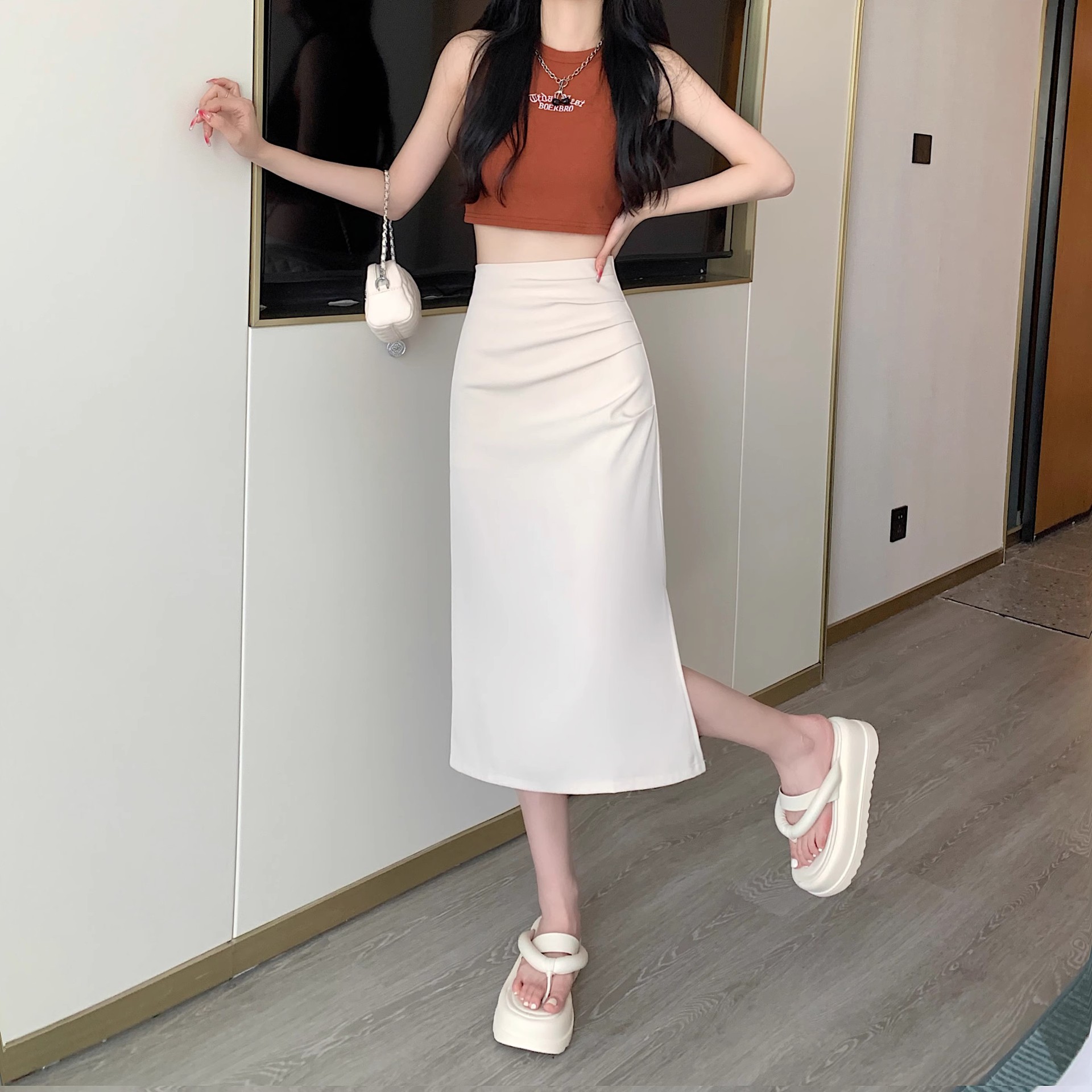 High waist draping small skirt women's summer 2024 New retro split A- line skirt mid-length skirt