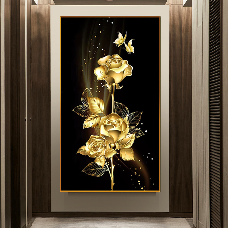 New Golden Rose Handmade Diamond Painting Embroidery Bedroom Living Room Entrance Hanging Canvas Decorative Painting Handmade