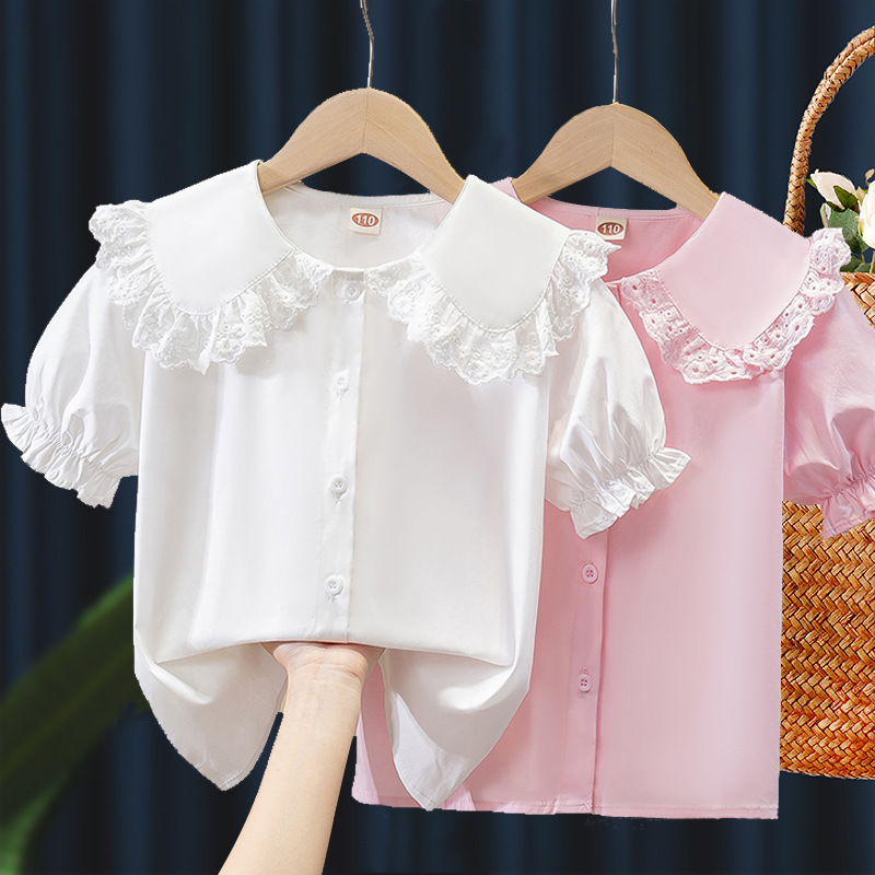 Picture of Girls Short-Sleeved Shirt Summer New Style Medium and Large Children's Summer Pure Cotton Shirt Doll Shirt White Top Cross-Border