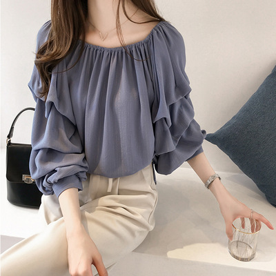 2023 latest Korean style elegant off-shoulder chiffon shirt Women's loose bubble top slimming solid color base shirt