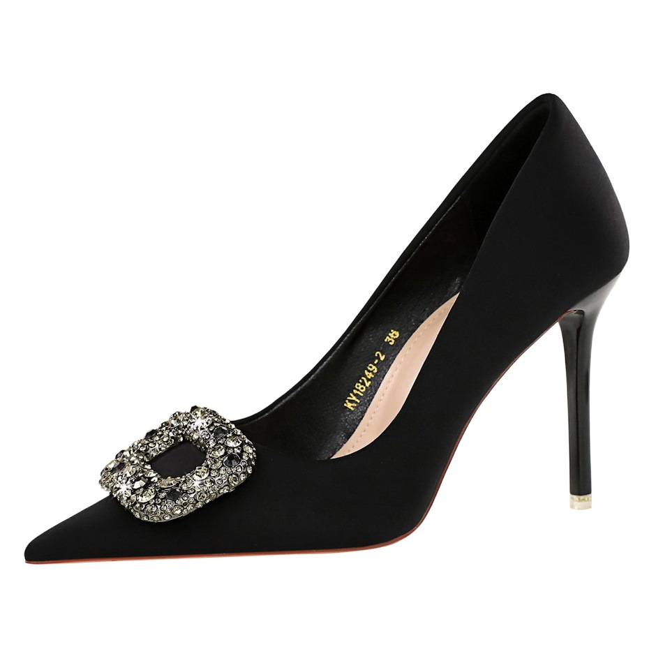 18249-K83 European and American Banquet High Heels Women's Shoes Silks and Satins Shallow Mouth Pointed Toe Super High Heel Rhinestone Metal Buckle Flats