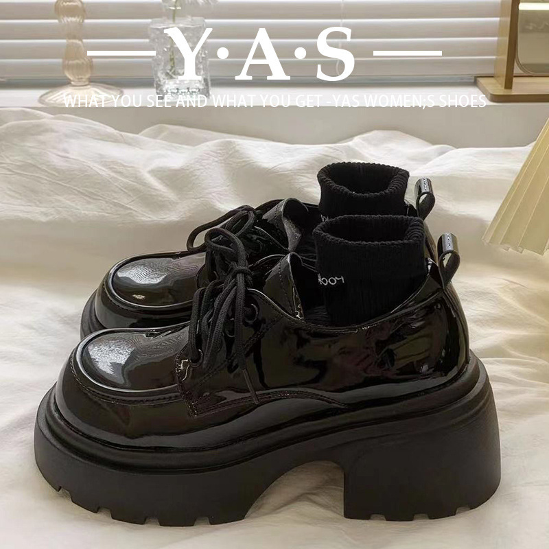 Black British Style Thick Heel Lace-up Small Leather Shoes Women's Spring and Autumn New Japanese JK Height Increasing Mary Jane Commuter Work Shoes