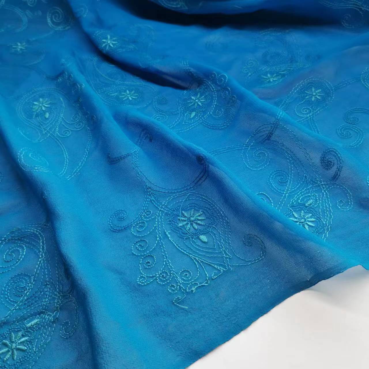 Picture of Special Offer Indigo 10mm Cashew Flower Embroider Mulberry Silk Georgette Fabric Narrow Fashion Skirt Silk Fabric