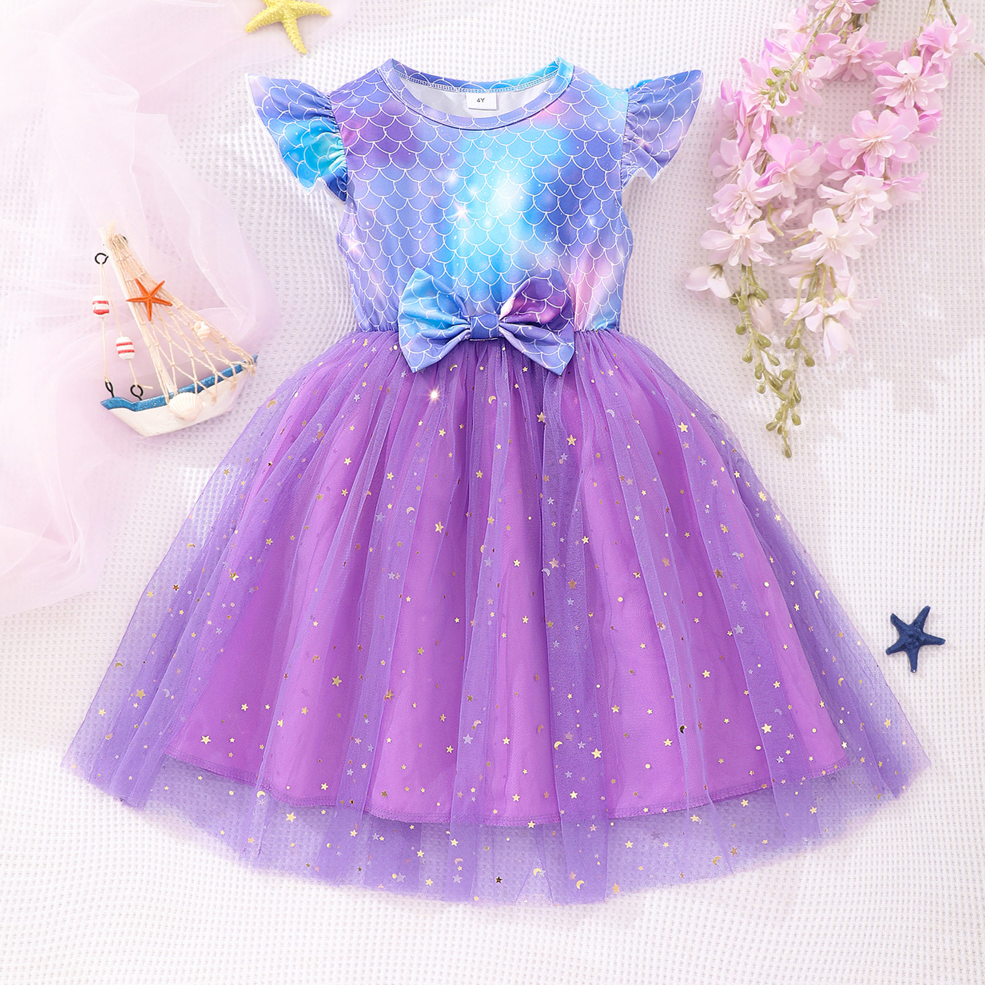 Cross-border new girls summer flying sleeve mesh dress a generation of hair