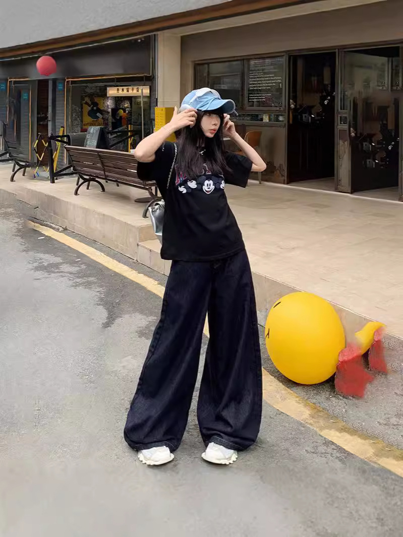 2025 Spring and Autumn American Retro Loose Slim Wide Leg Pants Drapey Floor-Mopping Easiest for Match Straight-Leg Jeans Trendy